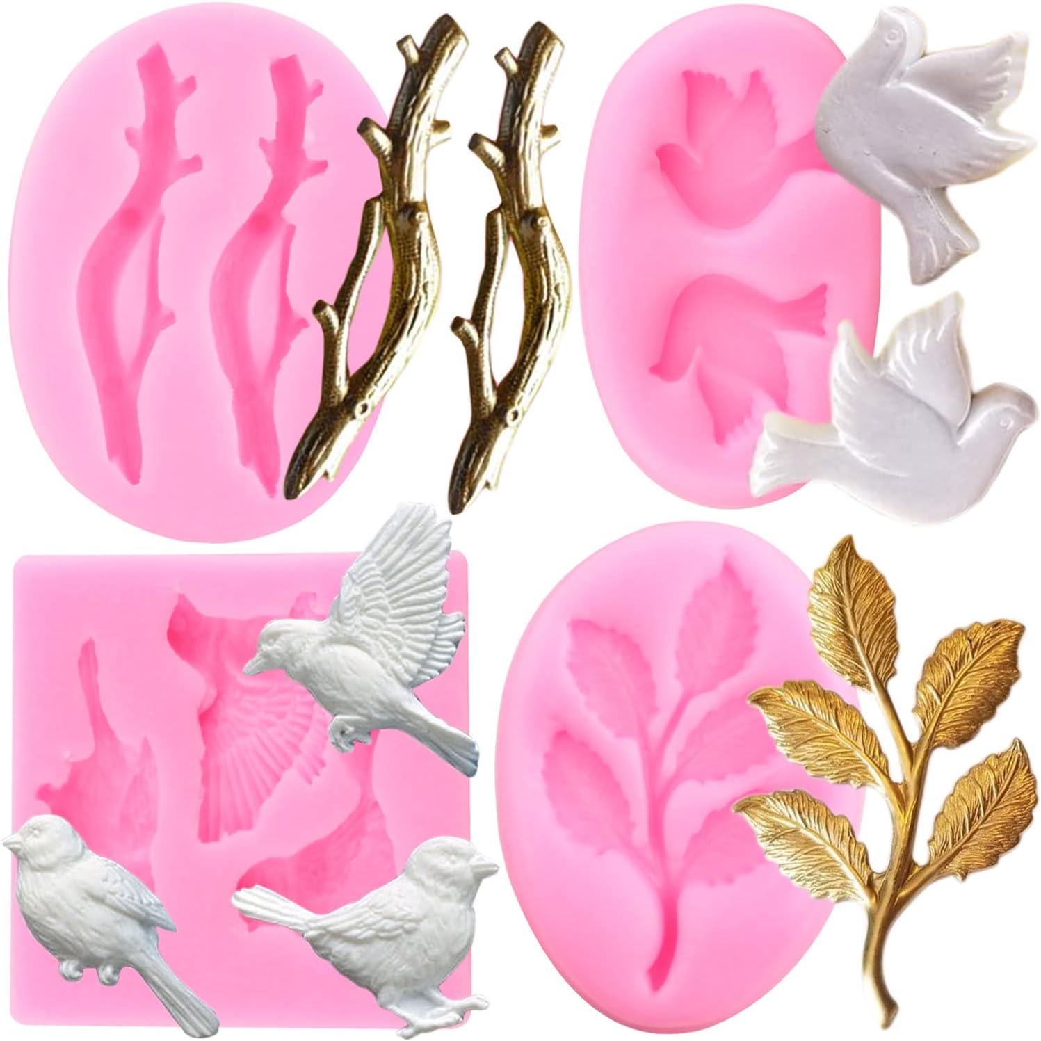 Mujiang Moldes de silicona para pájaros, ramas de árbol, moldes de fondant, paloma, pájaro, dulces, para decoración de pasteles, decoración de