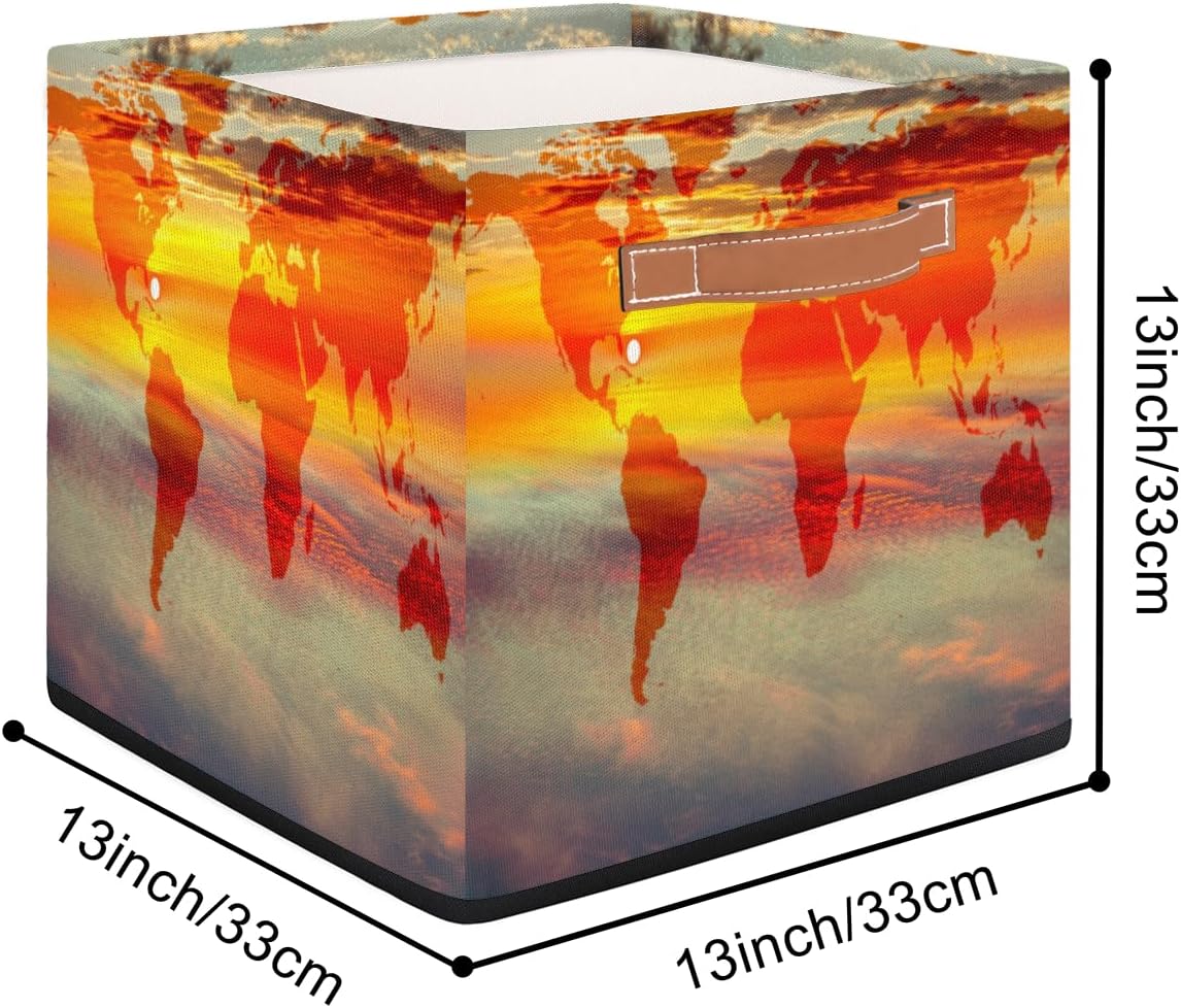 Cesta de almacenamiento de mapa de puesta de sol, caja de almacenamiento plegable de tela de 13 x 13 x 13 pulgadas, cubos cuadrados con asas para