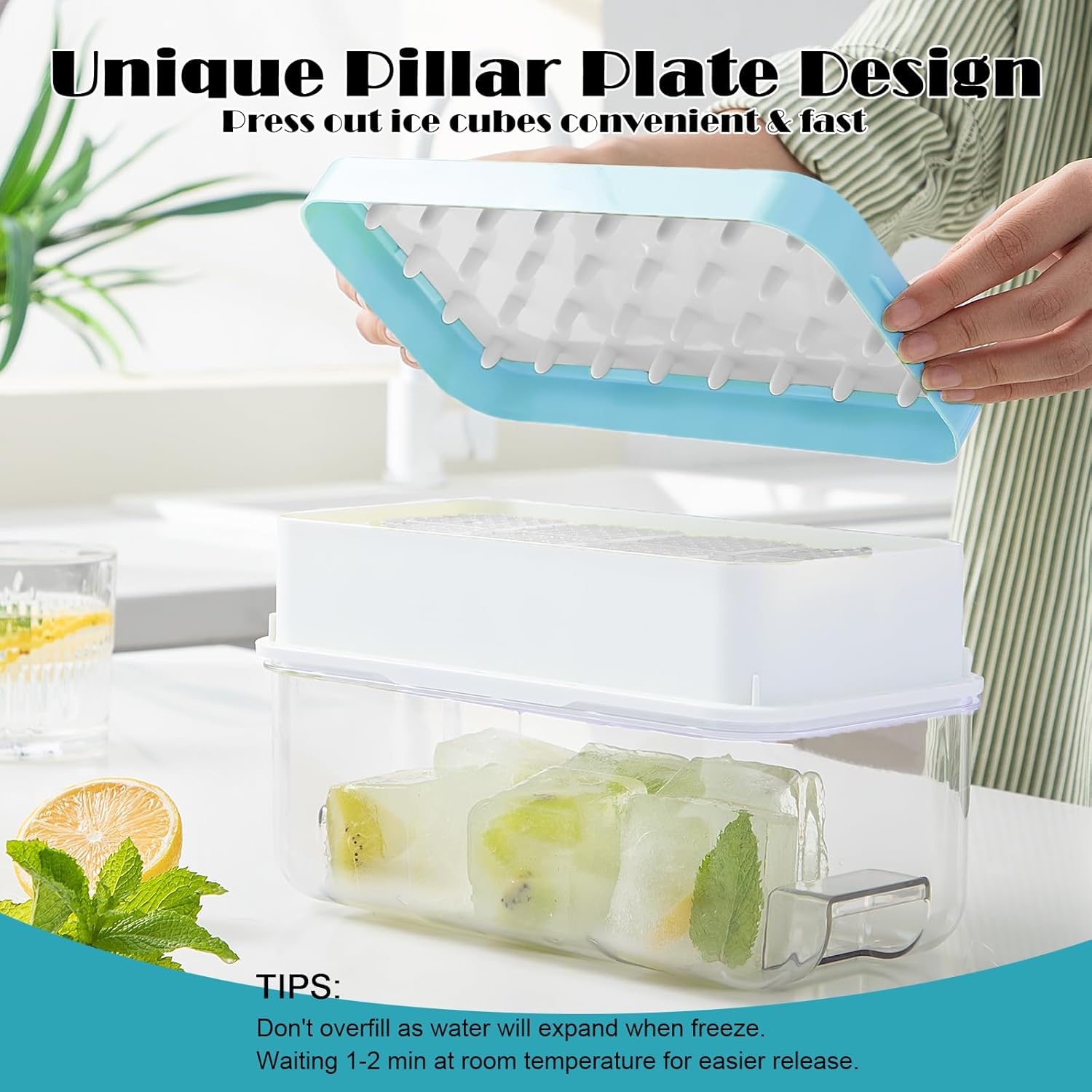 Bandeja para cubitos de hielo con tapa y contenedor para congelador, súper fácil de liberar y apilable, bandejas grandes de cubitos de hielo de 8