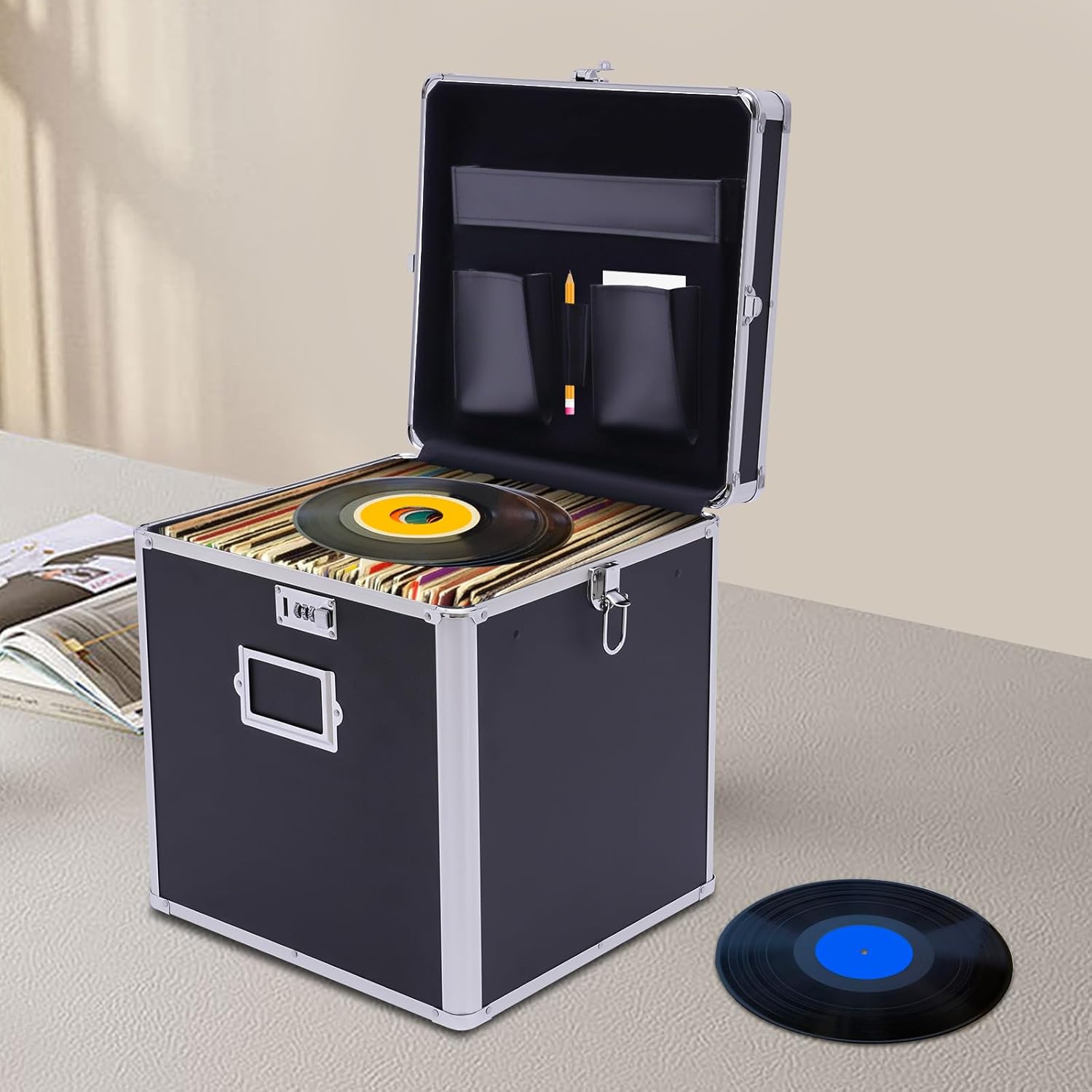 KONGKUNI Caja de almacenamiento apilable para discos de vinilo, soporte de 50 álbumes, organizador de almacenamiento de archivos portátil con