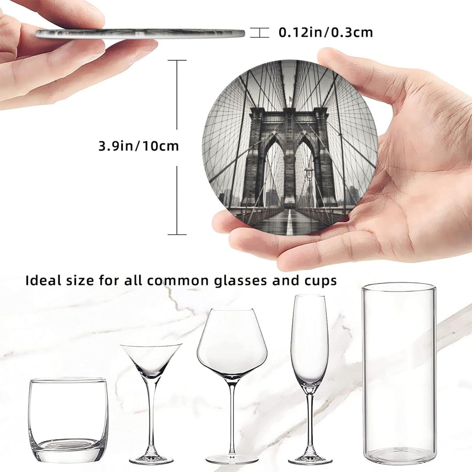 Brooklyn Bridge – Juego de 6 posavasos redondos de cuero para taza de café, café, hogar, bar, oficina, juego de 6