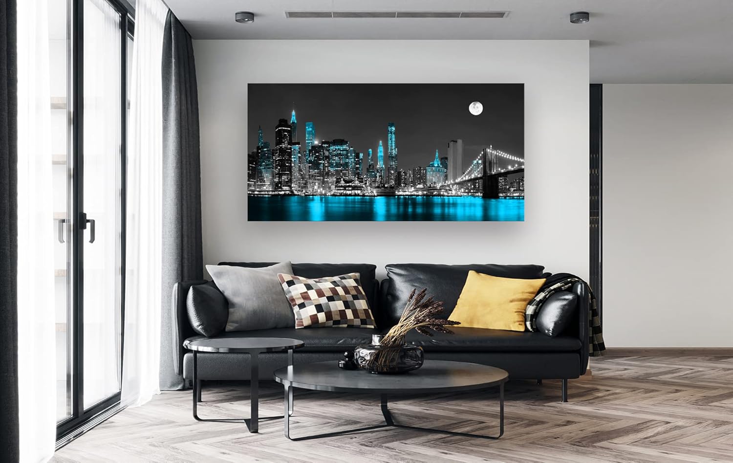Jiuqinghua Lienzo decorativo para pared, 1 panel, negro, blanco y azul, puente de Brooklyn, paisaje urbano, paisaje nocturno, pintura para cocina,