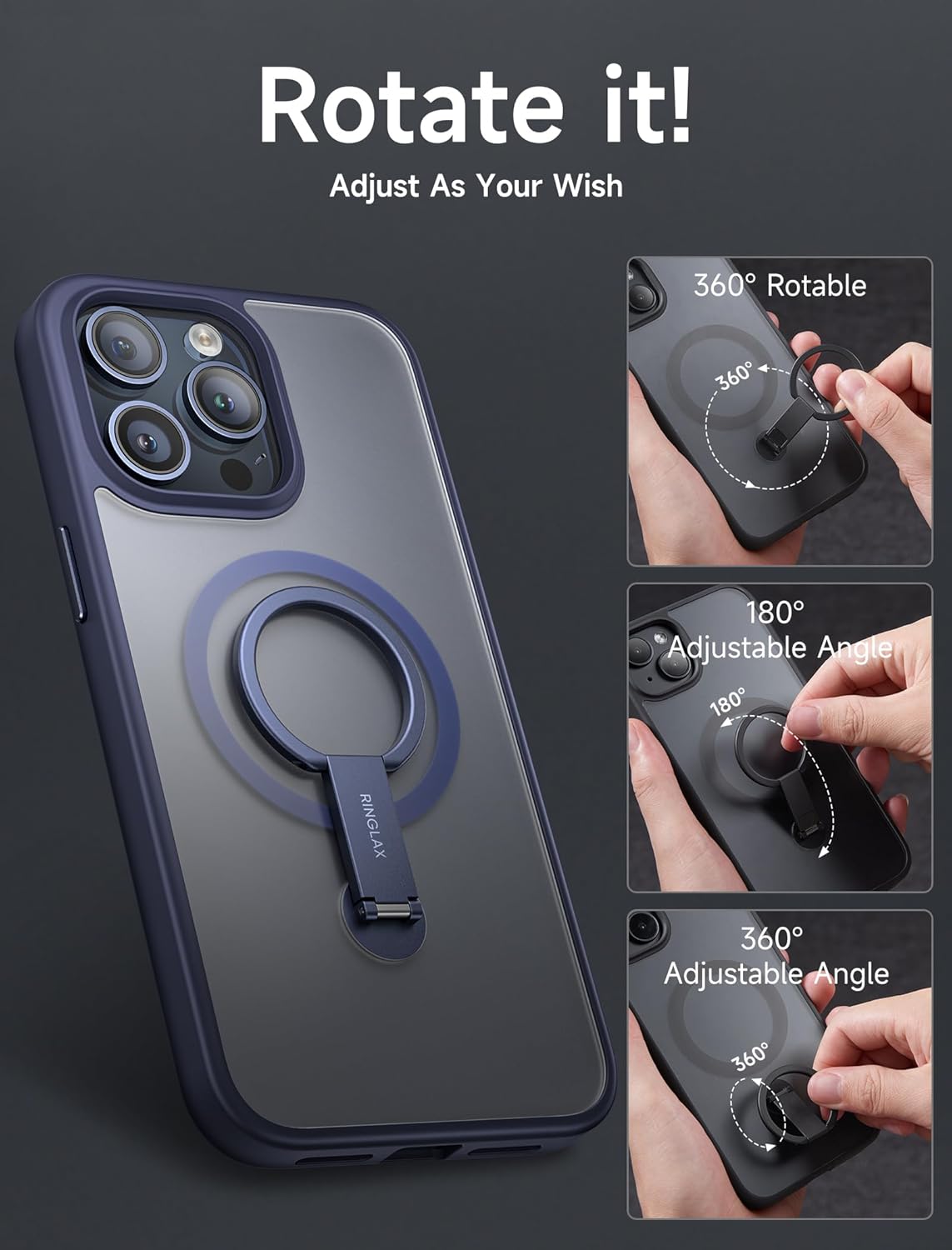 JSAUX RingLax – Funda magnética para iPhone 15 Pro con soporte y anillo mejorados, más flexible y más ángulo, compatible con Mag-Safe, delgada,