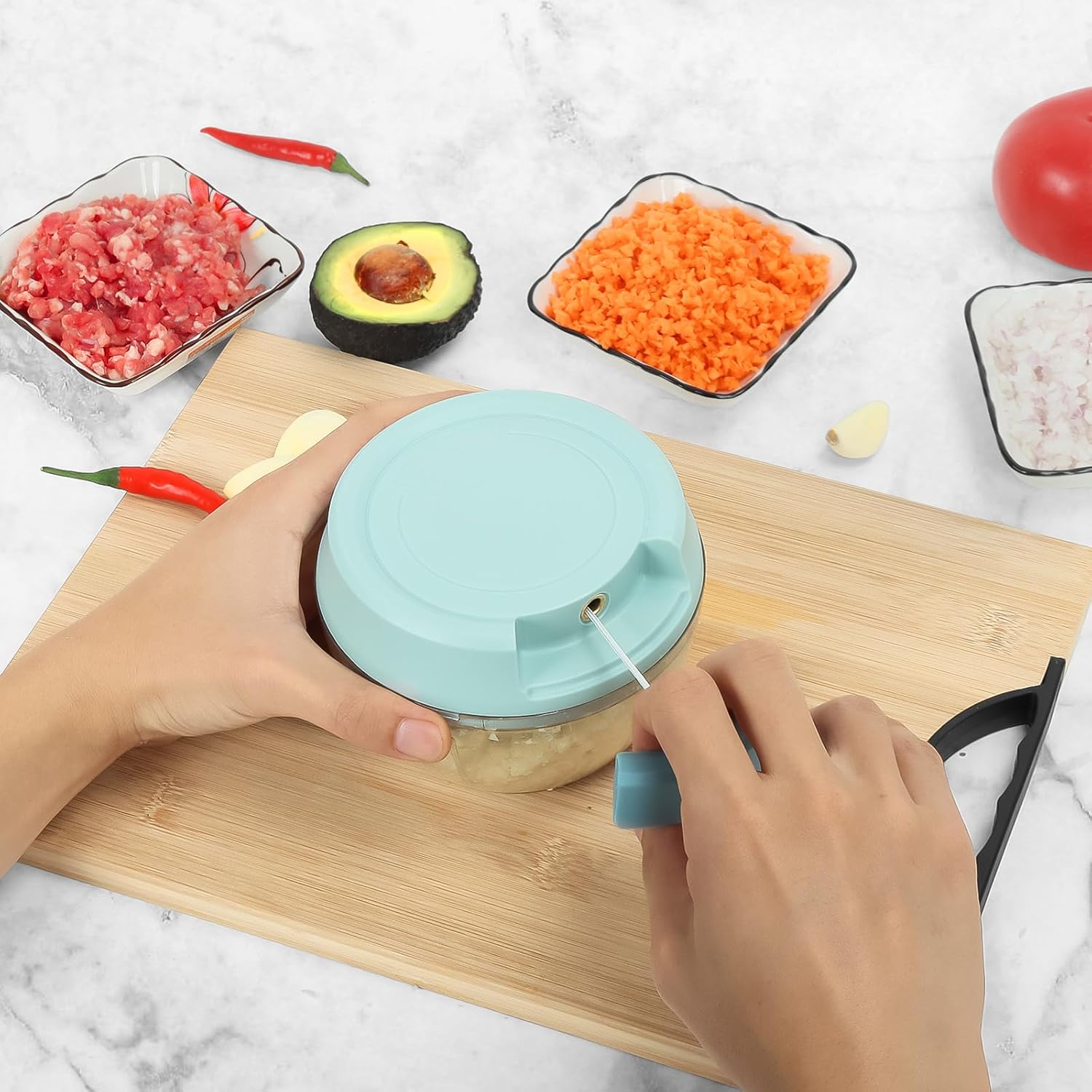 Picadora de ajo Mini picadora manual de alimentos con contenedor de cocina, cebolla, cortador de verduras, picador de verduras, azul, 16.9 fl oz