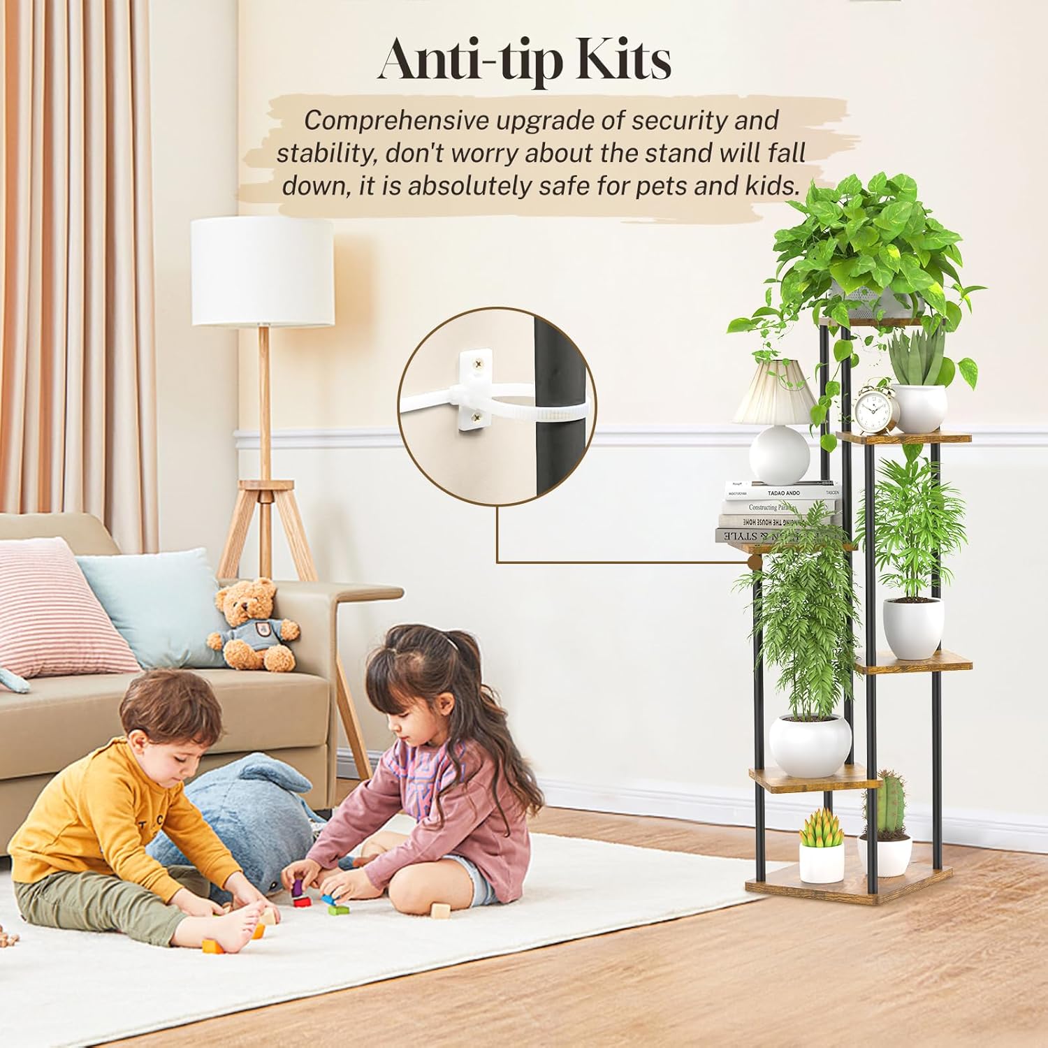 Soportes esquineros de 6 niveles altos para interiores, estante grande de metal para macetas de madera de 45 pulgadas para múltiples plantas,