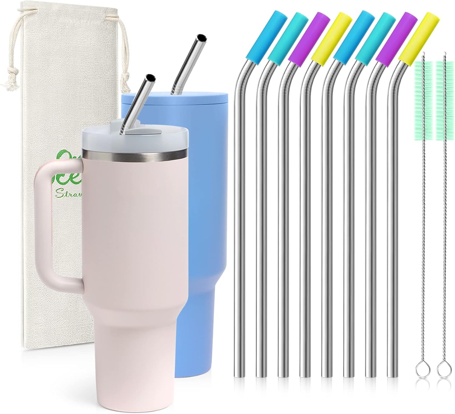 8 popotes de acero inoxidable doblados de 516 pulgadas de ancho para vaso de 40 onzas con asa, popotes de metal reutilizables de 12 pulgadas de
