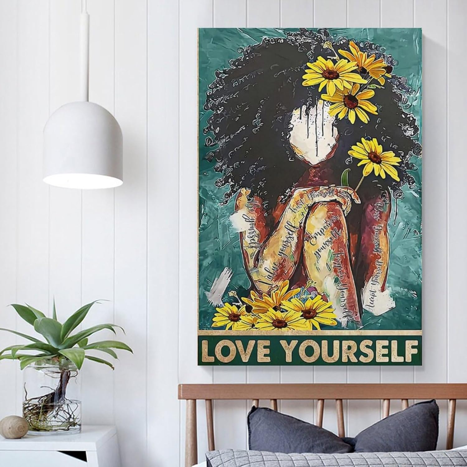 DAXXIN Póster de Love Yourself Value Your Self Black Girl with Girasol, arte de chica afro, mujeres negras, S lienzo para decoración de pared, para