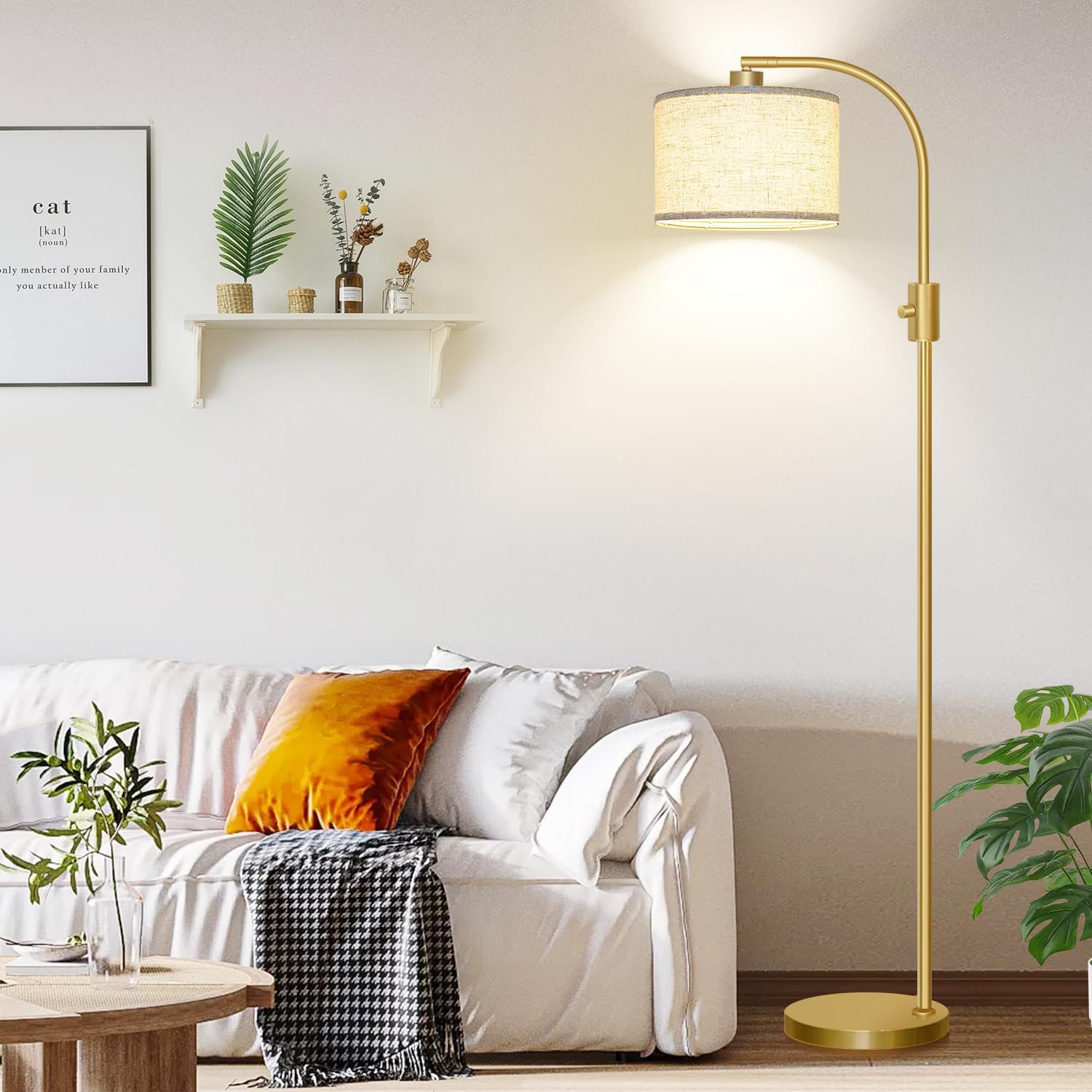 ActualizadaLámpara de pie regulable, bombilla LED de 1200 lúmenes incluida, lámparas de pie de arco dorado para sala de estar, lámpara de pie
