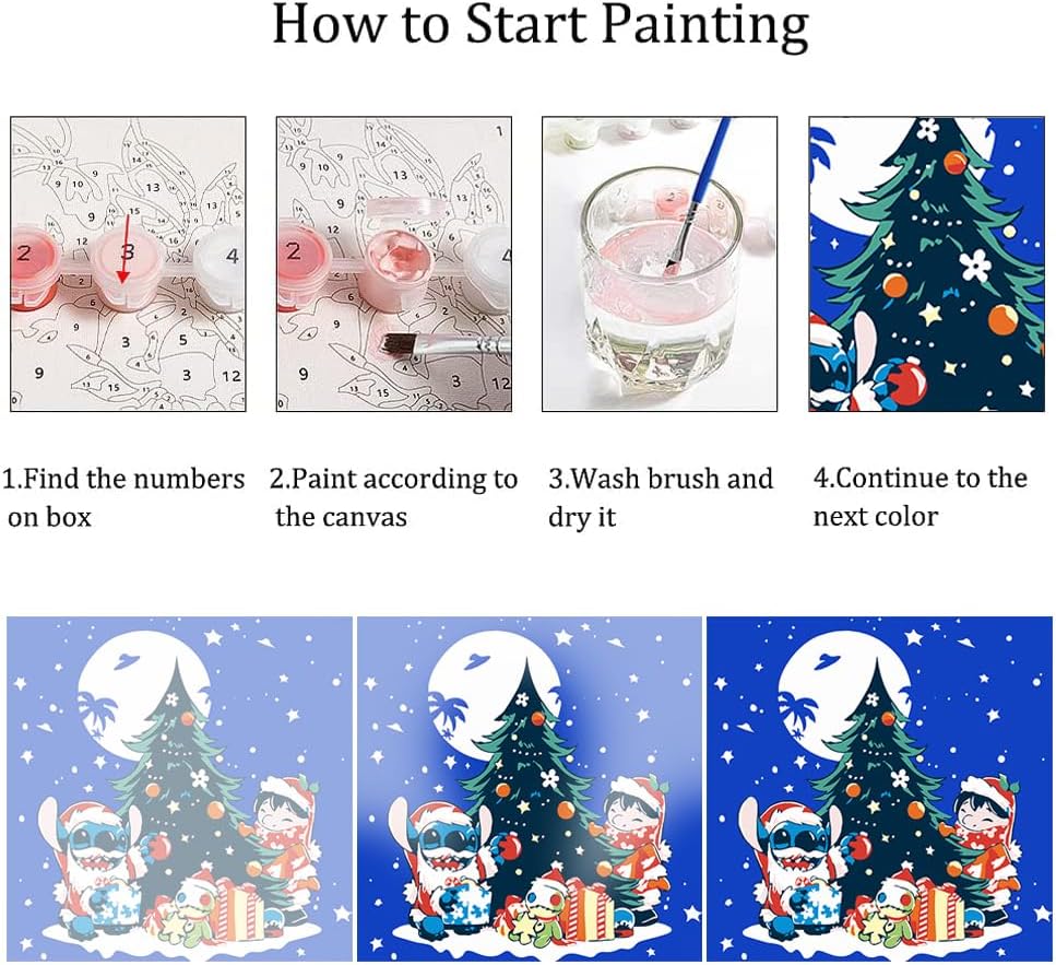 Paquete de 4 pinturas de dibujos animados de Navidad por números para niños de 8 a 12 años, pintura acrílica fácil de luna por número para niños
