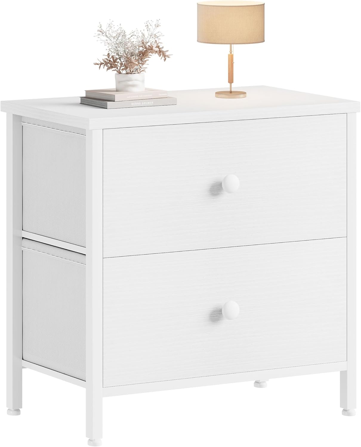 BOLUO Mesita de noche blanca con 2 cajones para dormitorio, mesita de noche pequeña con cajones de tela, mesita de noche moderna