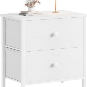 BOLUO Mesita de noche blanca con 2 cajones para dormitorio, mesita de noche pequeña con cajones de tela, mesita de noche moderna BOLUO Mesita de noche blanca con 2 cajones para dormitorio, mesita de noche pequeña con cajones de tela, mesita de noche moderna