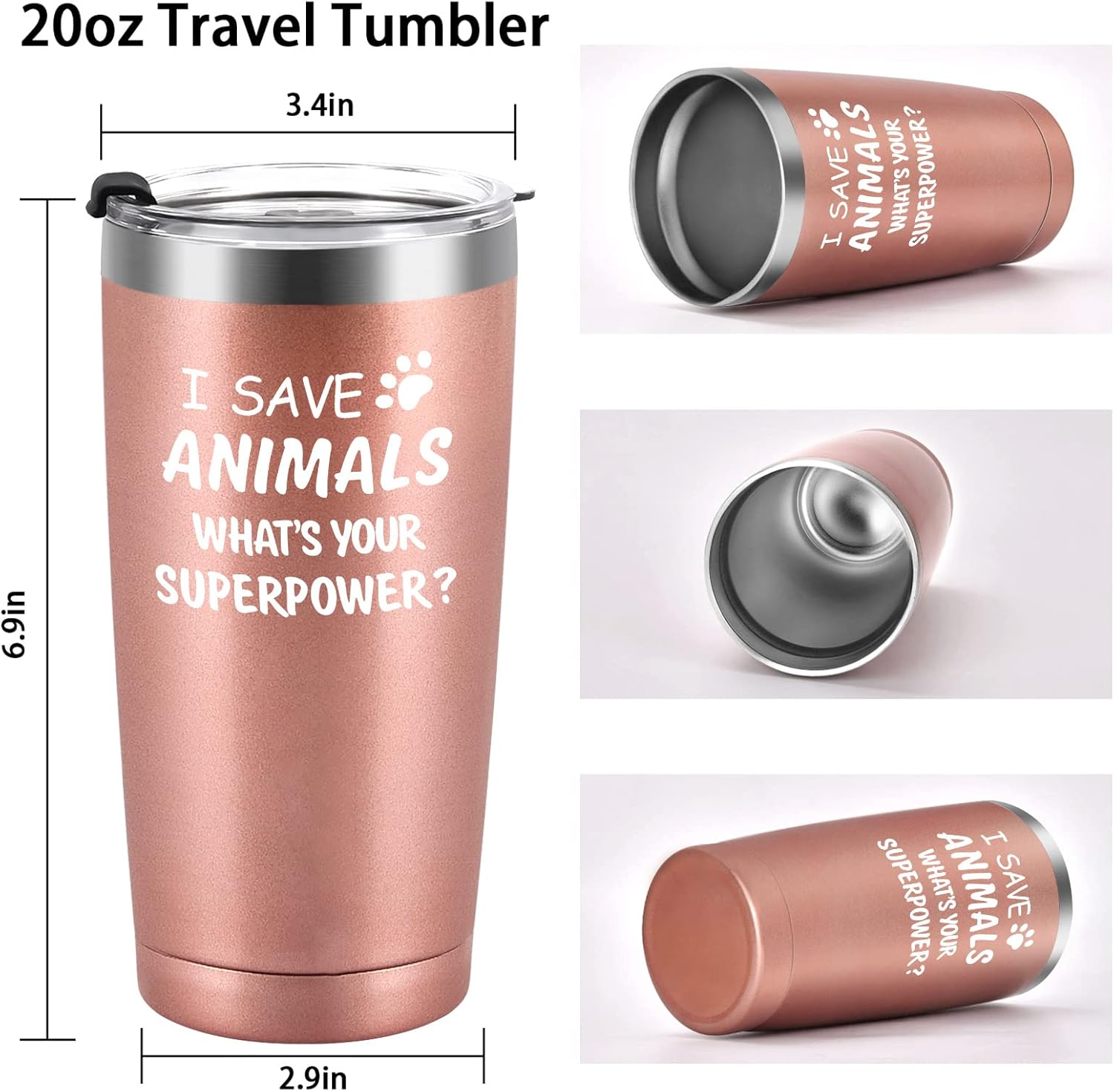 Vaso de acero inoxidable con tapa con texto en inglés “I Save Animals, Whats Your Superpower-Vet Tech, regalo de tecnología veterinaria, ideas de