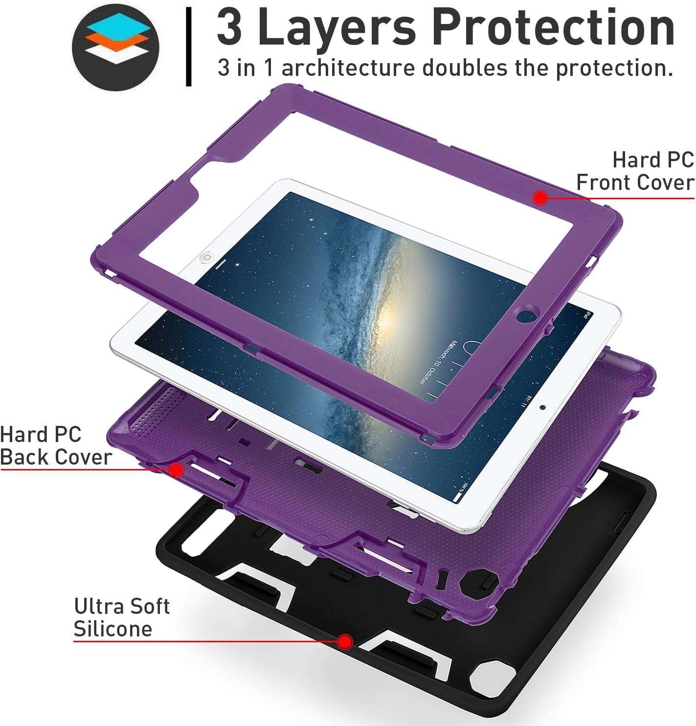 AICase – Funda para iPad 2, iPad 3, iPad 4, funda AICase Kickstand a prueba de golpes, resistente a los impactos, resistente, híbrida de tres capas,