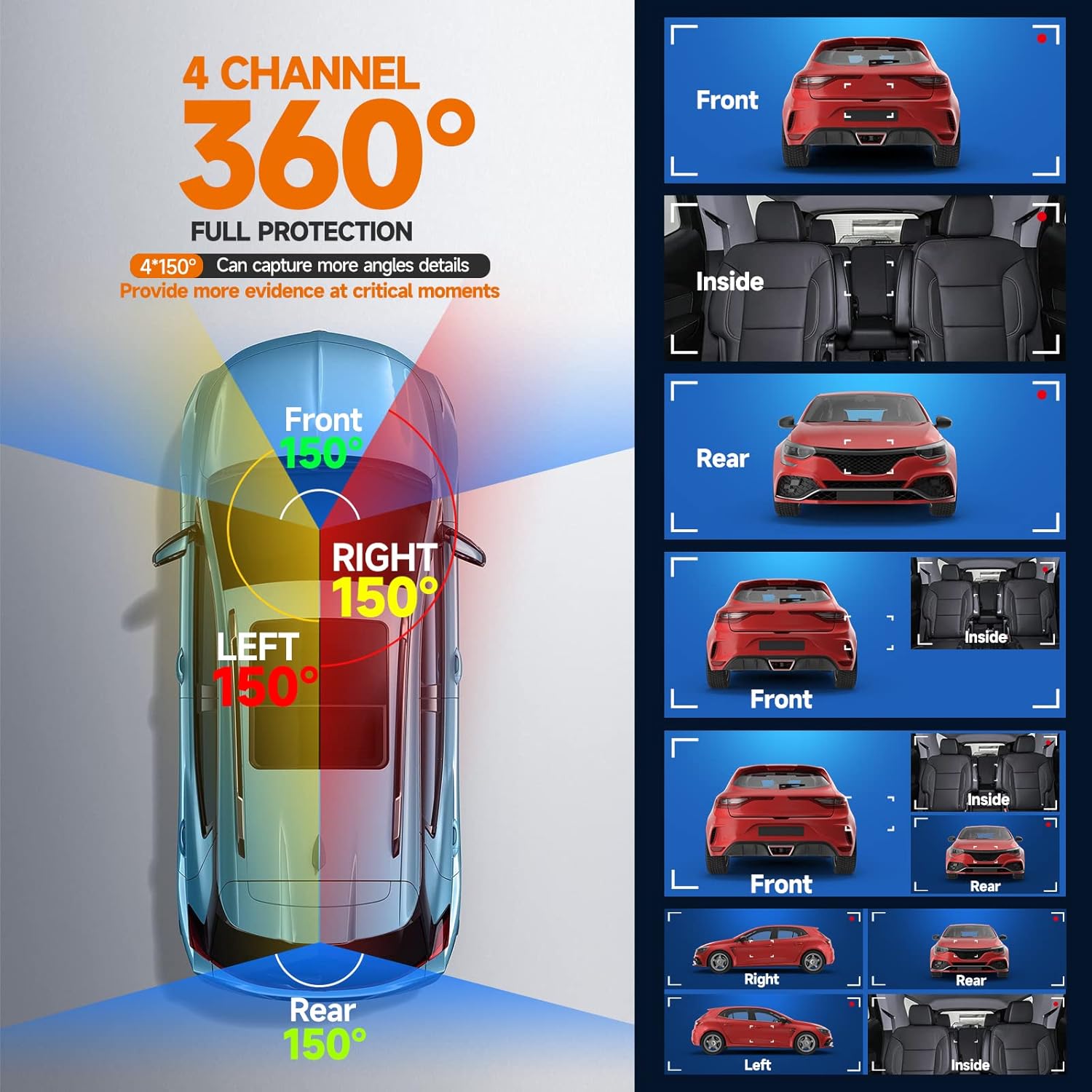 Cámara de tablero de 360 frontal y trasera, 4 canales FHD 4 x 1080P, control de voz, filtro CPL, cámara de automóvil con WiFi, cámara frontal