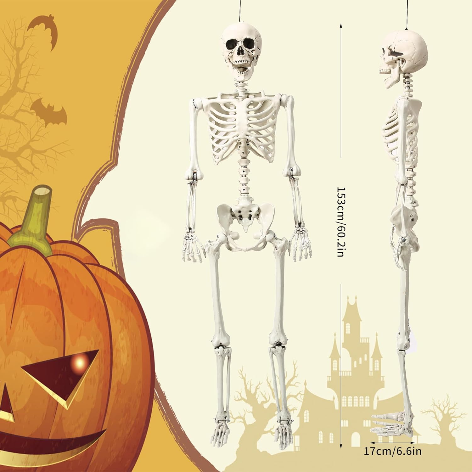 Decoración de esqueleto de Halloween de 5.4 pies, huesos humanos para fiesta de Halloween con articulaciones móviles, para casas encantadas, césped