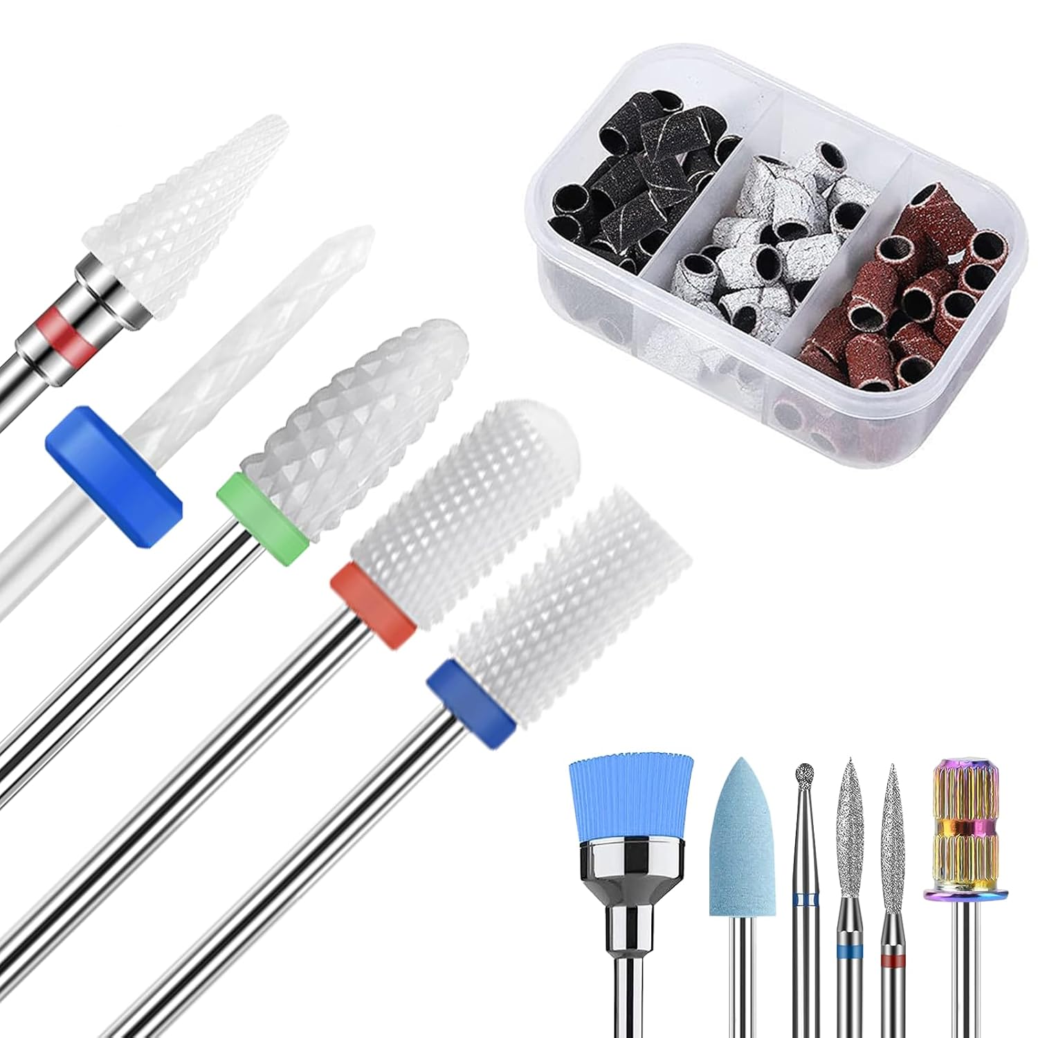 11 brocas de uñas, 332 brocas de cerámica profesionales para uñas con brocas de cutícula y 75 bandas de lijado de uñas (#80#120#180) para uñas de