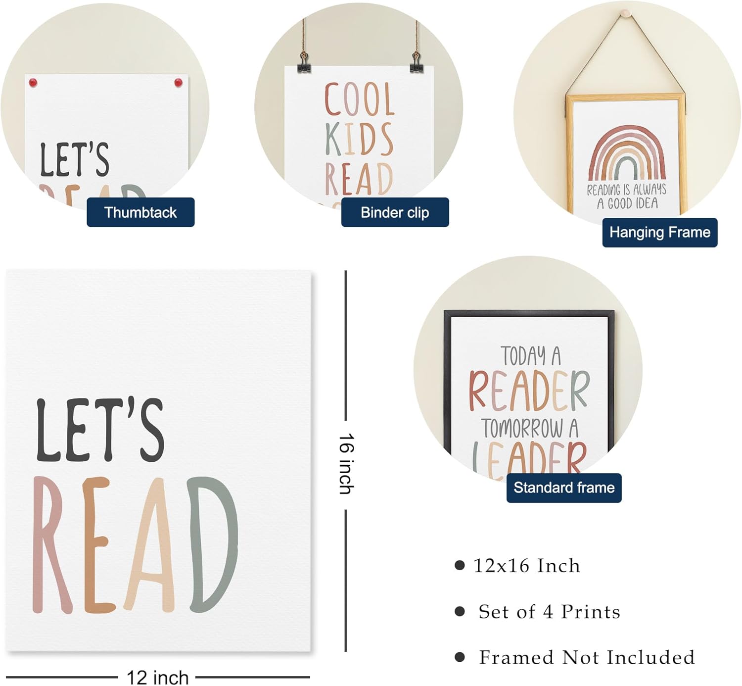 GOXFOC Let’s Read – Juego de 4 impresiones artísticas neutras de arco iris, sin marco, a la moda, bohemio, preppy, para niños, leer libros, pósteres