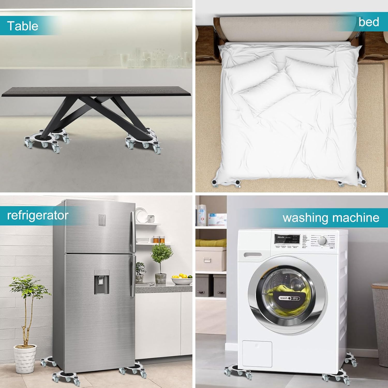 Paquete de 4 mudanzas de muebles, carrito de mudanza con 4 ruedas, ruedas de rotación de 360, estructura de trípode de acero, 3 ruedas con frenos