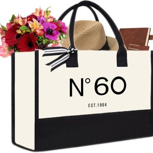 QLSKO Bolsa de lona de regalo de cumpleaños número 60 para mujeres, N60 EST.1964, bolsa de playa de recuerdo para fiesta de 60 años, regalo de QLSKO Bolsa de lona de regalo de cumpleaños número 60 para mujeres, N60 EST.1964, bolsa de playa de recuerdo para fiesta de 60 años, regalo de