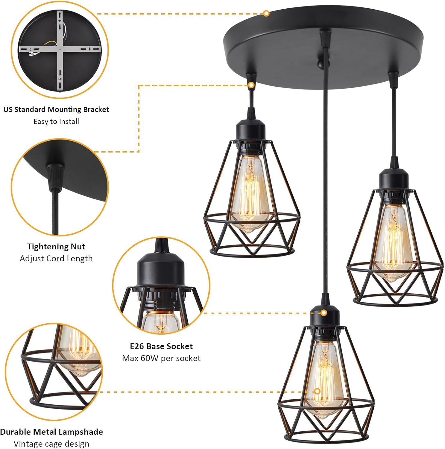 YXTH Lámpara colgante de 3 luces, iluminación colgante colgante de granja, lámpara colgante de isla de cocina industrial ajustable, lámpara de techo