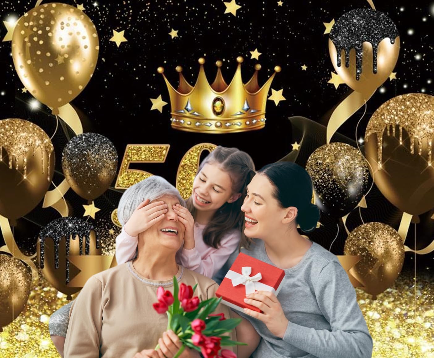 Telón de fondo para fotografía de cumpleaños número 50 para mujeres y hombres, globo con purpurina negra y dorada, telón de fondo para fotos de