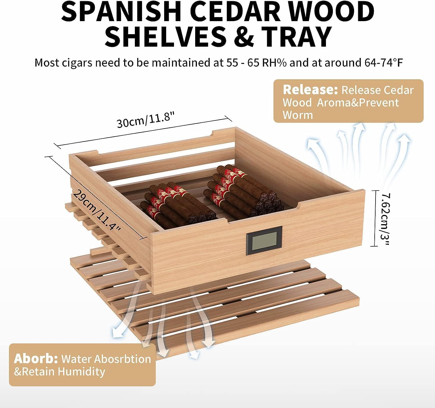 NEEDONE Humidor eléctrico de 48 L, armario grande para 300 unidades con estantes de madera de cedro español y cajón con higrómetro, funcionamiento