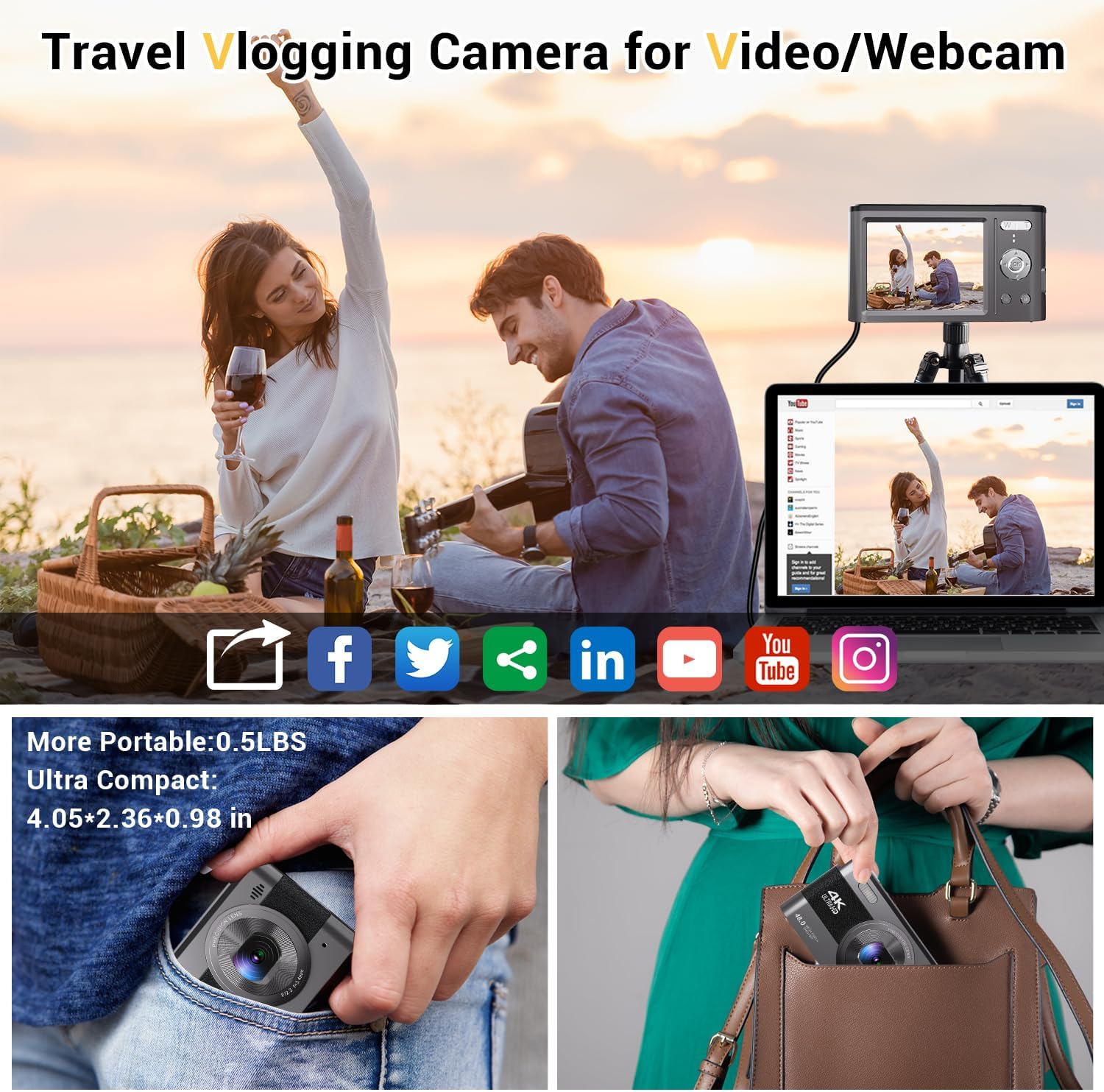 Cámara digital 4K, cámara de vlogging de 48 MP para fotografía, cámara compacta de viaje de YouTube con flash, zoom digital 18X, tarjeta SD de 32 G