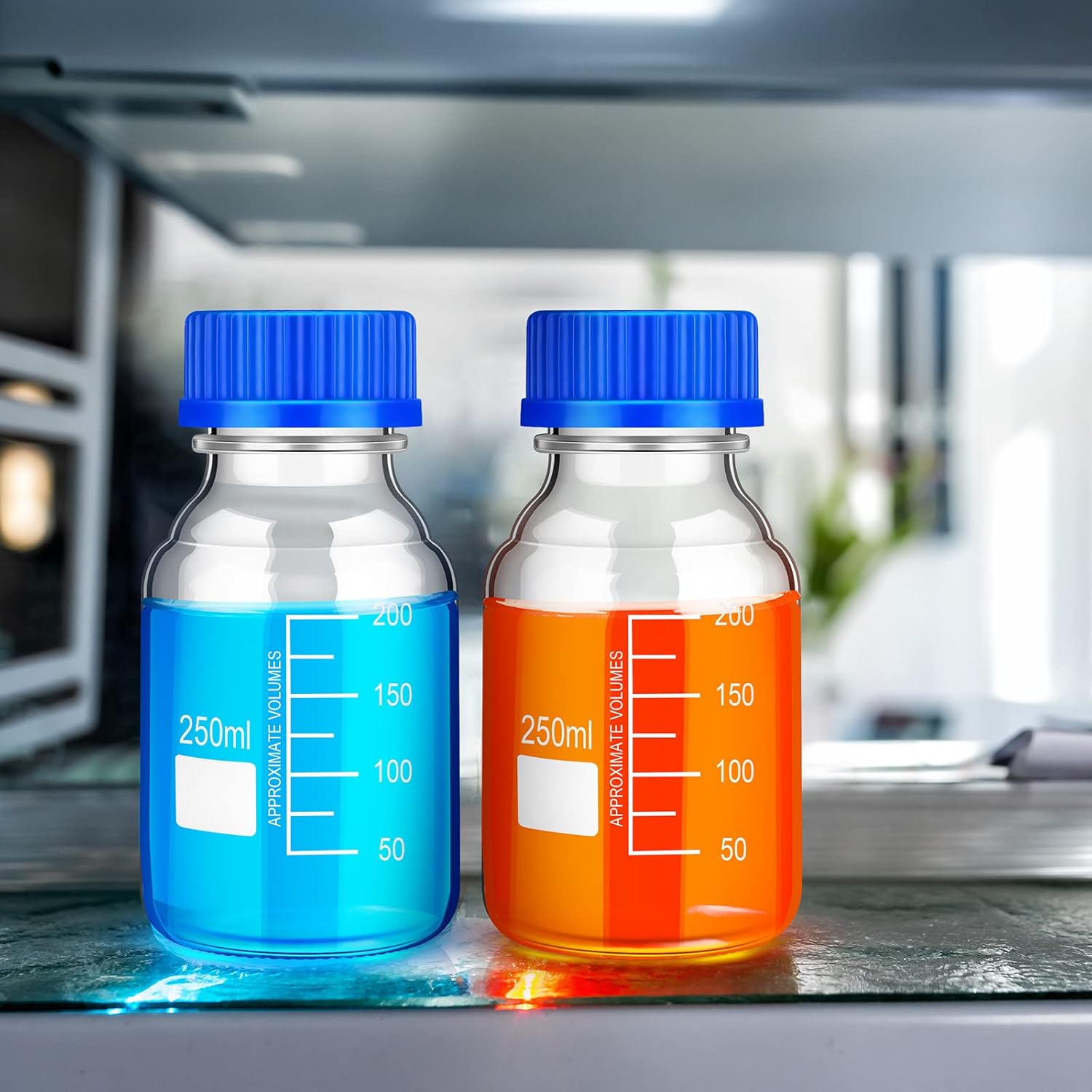 16 botellas de almacenamiento de medios, botella de vidrio de almacenamiento de borosilicato, botella científica redonda graduada con tapa de rosca
