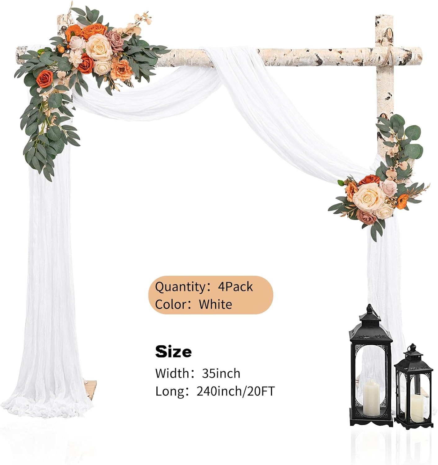 Tela de gasa para arco de boda, 4 paneles de 20 pies, cortina de tela de gasa blanca para boda, ceremonia, arco, escenario, fiesta, decoración de