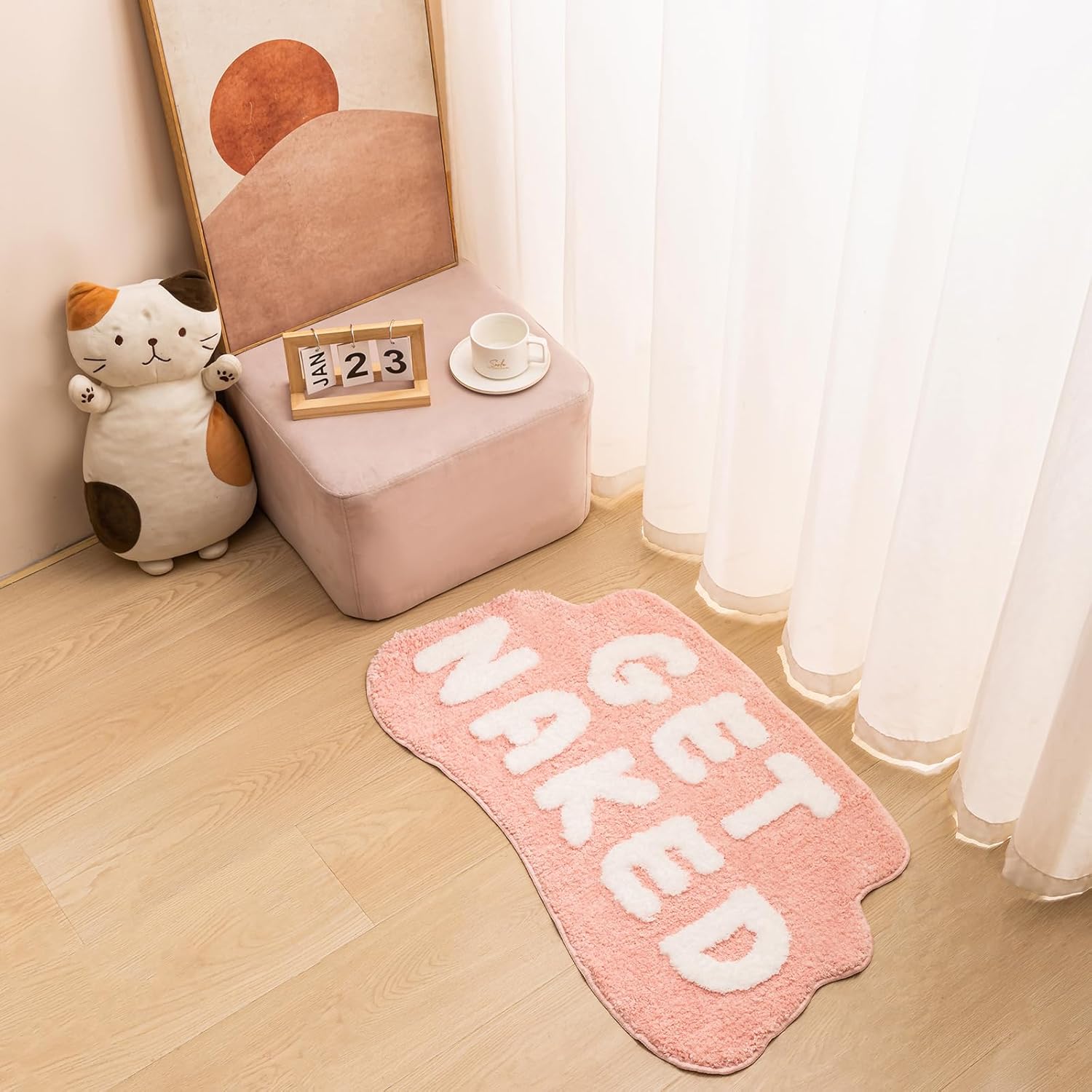 Tapete de baño rosa con texto en inglés Get Naked, tapete de baño suave y antideslizante, divertido tapete para baño, apartamento, decoración