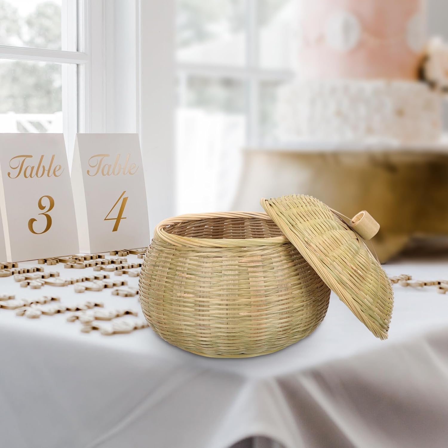 Kichvoe Cesta de almacenamiento con tapa, palé de madera, cubos de almacenamiento tejidos de ratán para utensilios, cesta de juguetes tejida, cesta