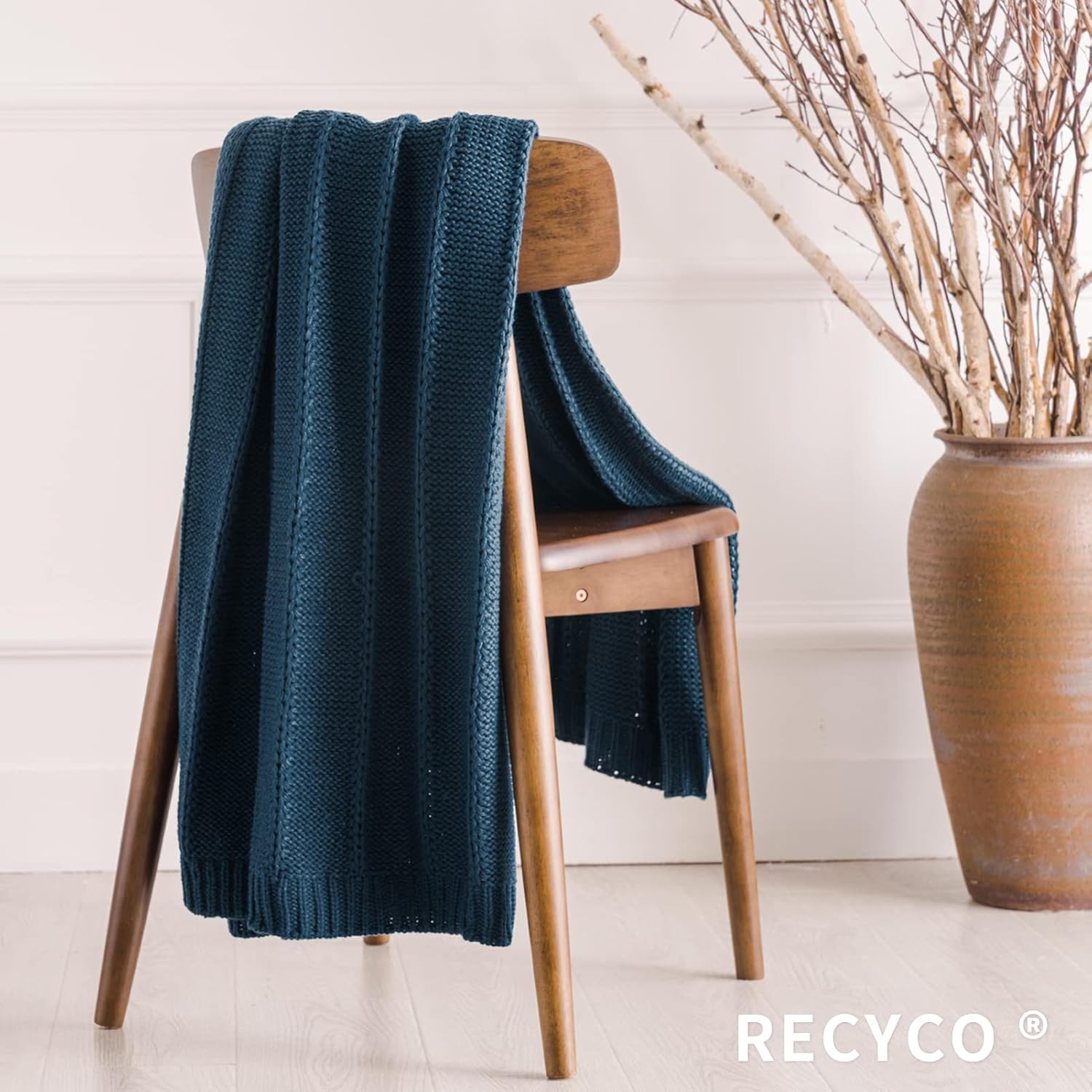 RECYCO – Manta de punto trenzado de color azul marino, tamaño individual para sofá, súper suave, cálida y acogedora, manta de punto decorativa de
