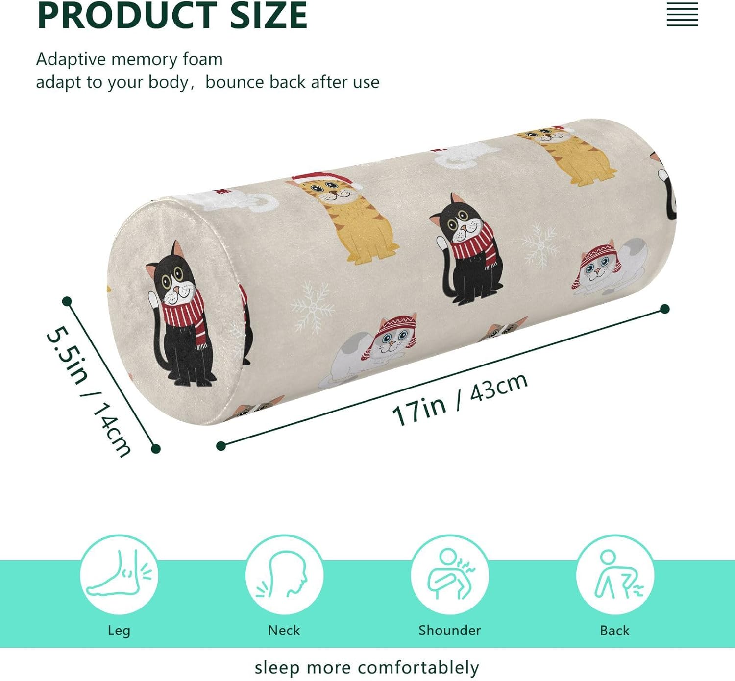 KLL Cute Cat in Christmas Costume and Snowflake Round Cervical Roll Bolster Pillow Neck Roll Pillow Round Pillow Insert 17 Inch Cylinder Pillow