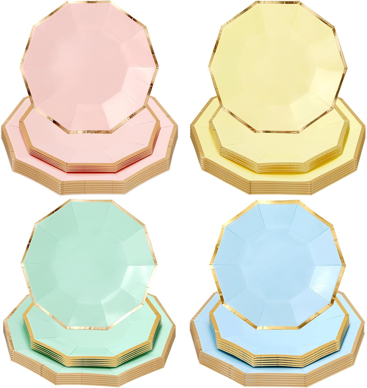 Whaline 48 platos de papel pastel de 7 pulgadas y 9 pulgadas Decagon desechables con ribete dorado para bodas, fiestas de cumpleaños, vacaciones,