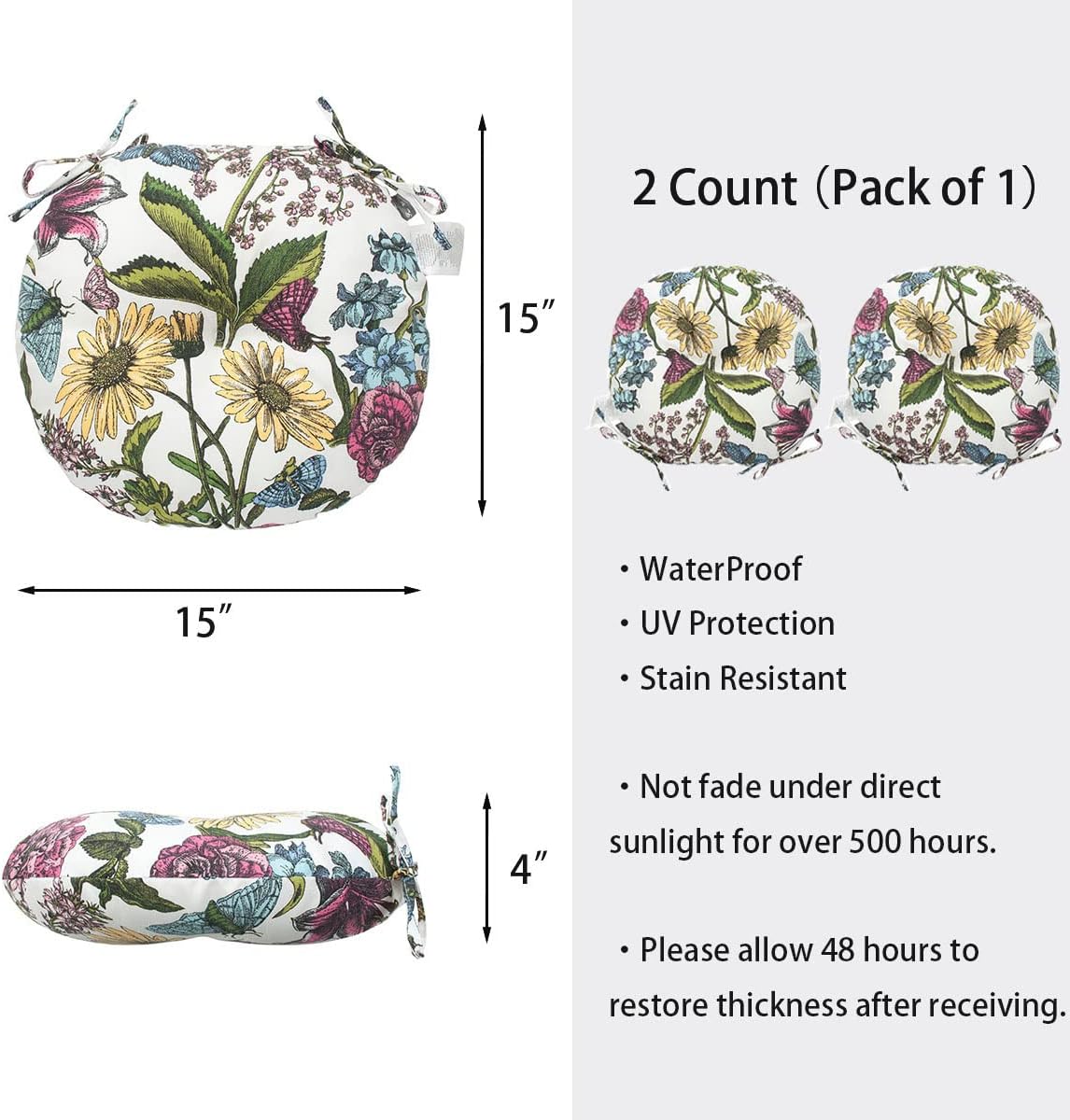 Cojines para sillas Bistro con lazos, cojines de asiento redondos copetudos para patio al aire libre, 15 x 15 x 4 pulgadas, juego de 2, almohadillas