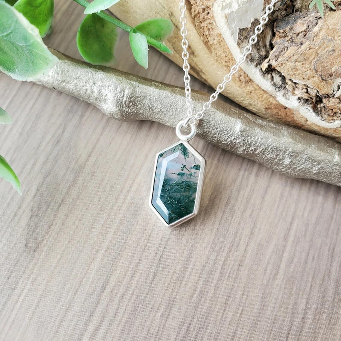AAA Natural Moss Agate Pendant Necklace, Long Hexagon Moss Agate Pendant, Unique Gemstone Jewelry, Nature Inspired, Green Agate Necklace, Christmas