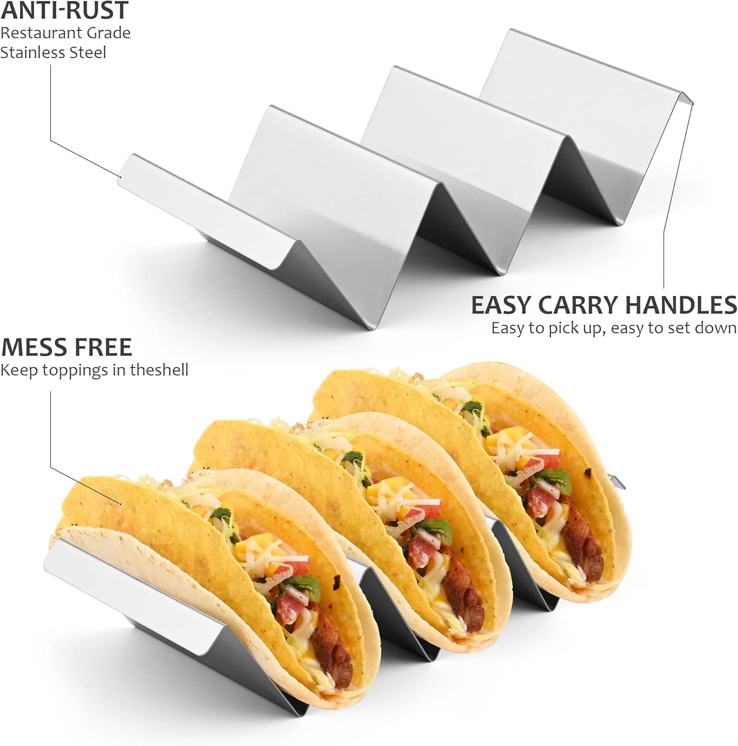 zoyizi Paquete de 3 soportes para tacos, bandeja de soporte de tacos de acero inoxidable, estante para tacos, estante con capacidad para hasta 4
