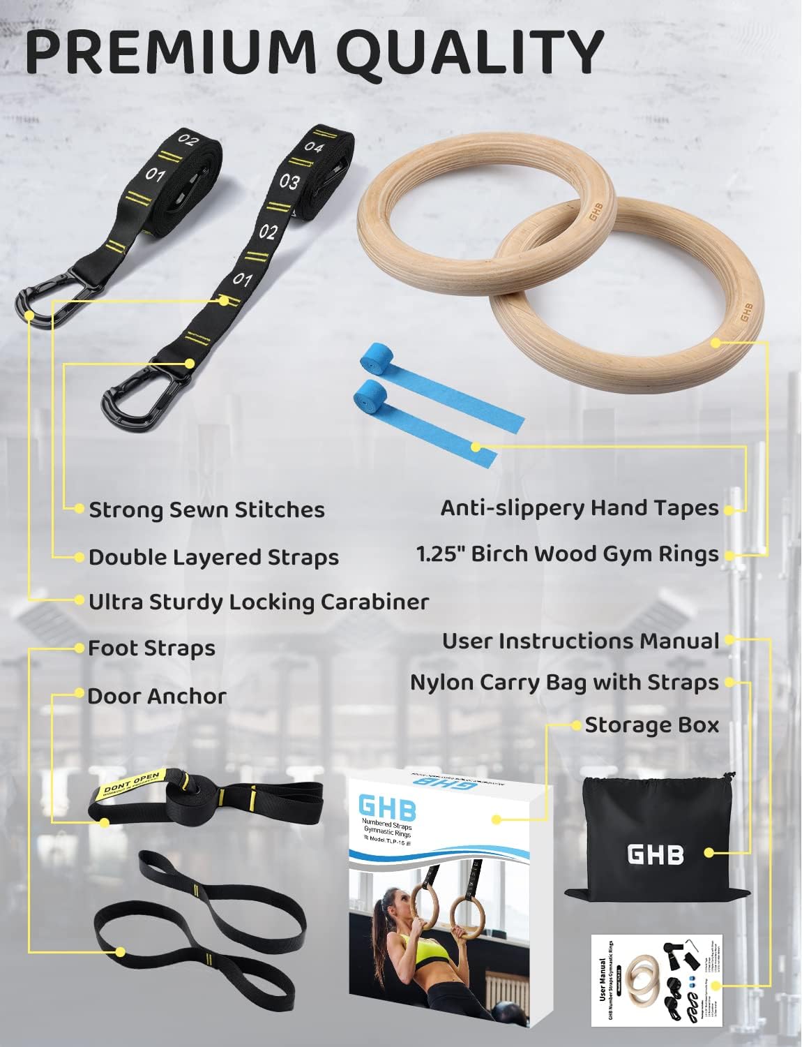 GHB Anillos de gimnasia de madera, anillos de entrenamiento de 1.25 pulgadas, correas numeradas ajustables, juegos de anillos para entrenamiento de