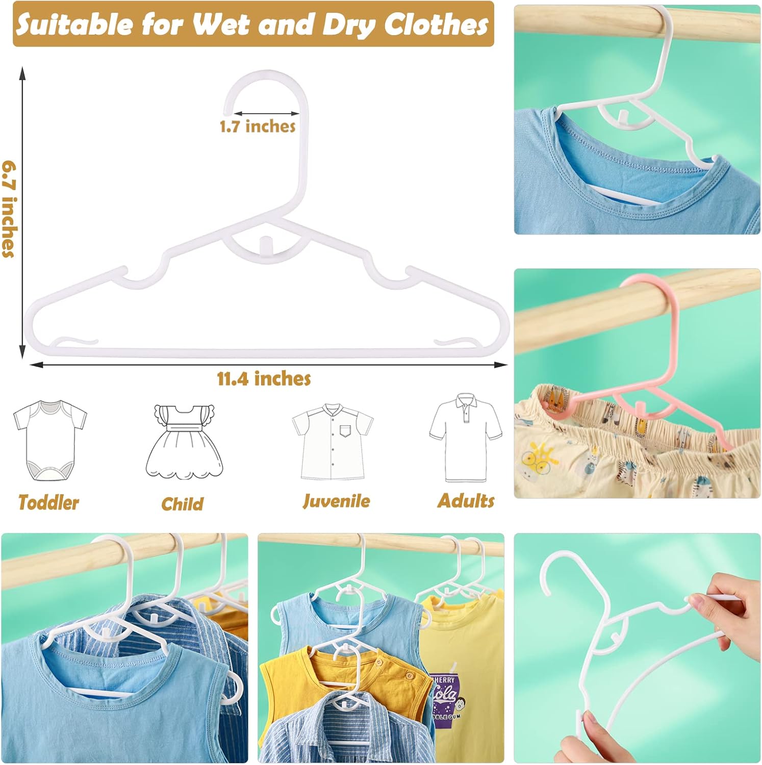 Paquete de 80 perchas de plástico para ropa de bebé con clips para guardería, ganchos para organizador de armario, perchas apilables para recién