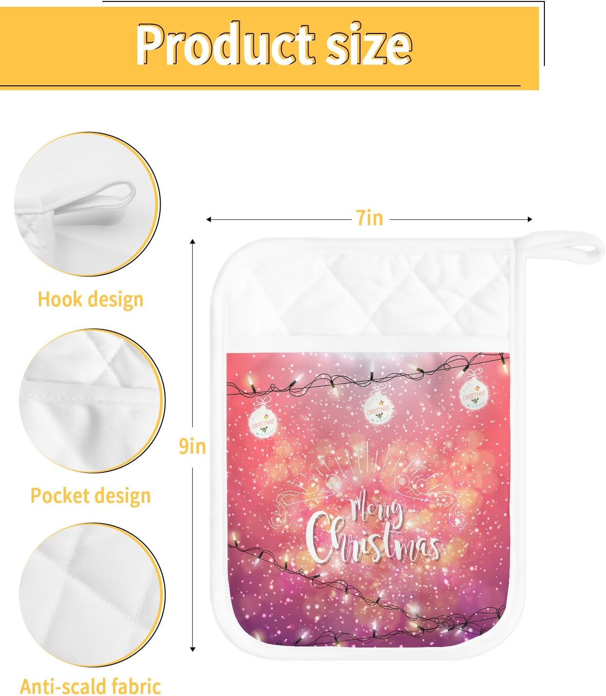 Christmas 5Pcs Pot Holders for Kitchen, Non Slip & Heat Insulation Terry Cloth Potholder Set with Pocket, Thick Hot Pad Oven Mitts Trivet Coaster