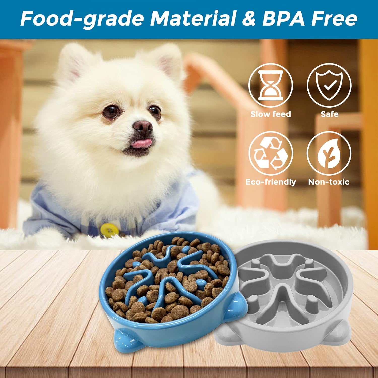 Tazones de alimentación lenta para perros y cachorros antideslizantes duraderos para cachorros y perros pequeños, sin BPA, 1 taza, color azul