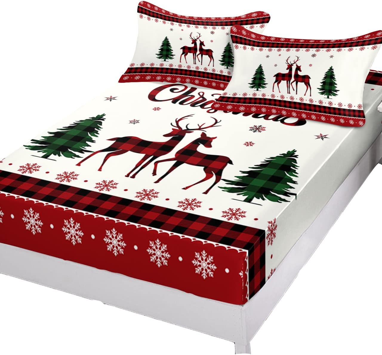 Christmas Reindeer Green Pine Tree Twin XL Fitted Sheets Deep Pocket Up to 16″, White Snowflake on Red Border Soft Single Mattress Cover with 1