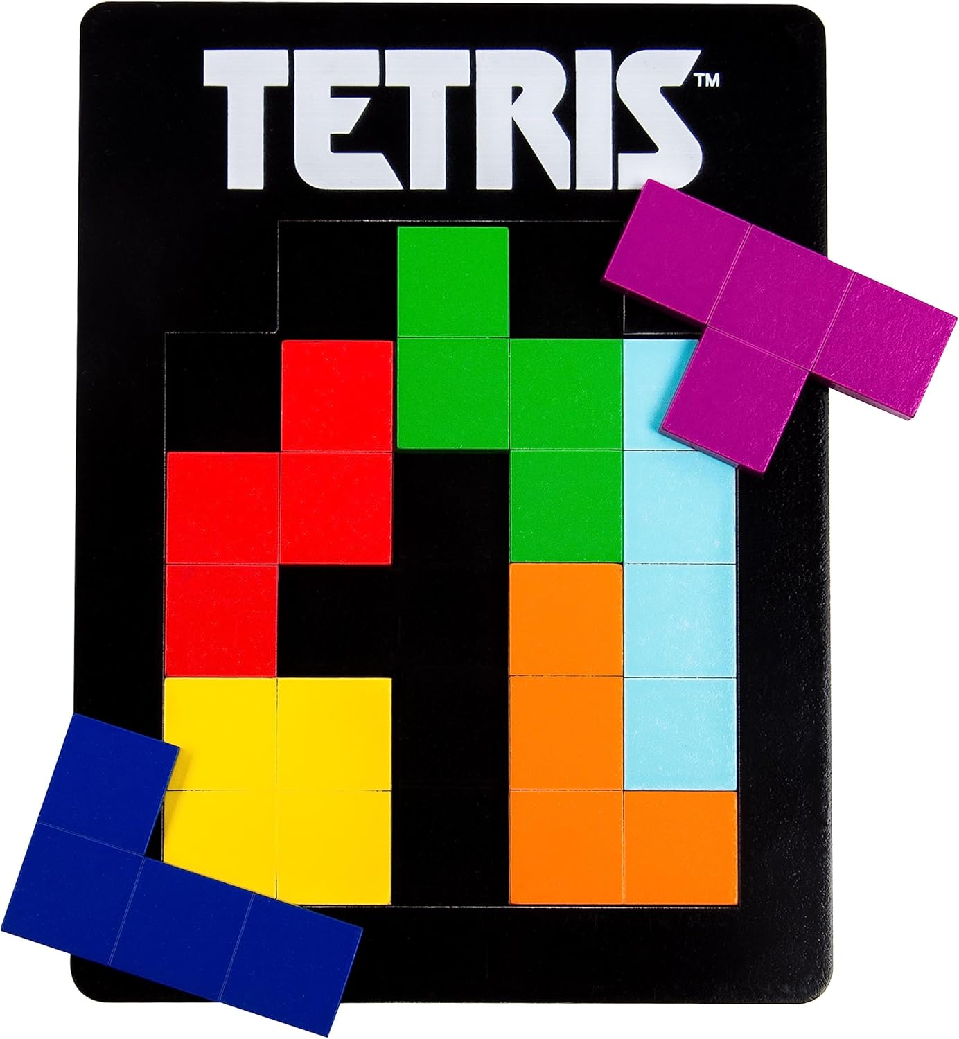 Rompecabezas de Tetris Tetrimino Shapes 3D Brain Teaser. Incluye 7 piezas de madera de tetrimino y tablero de madera plana. Producto oficial de