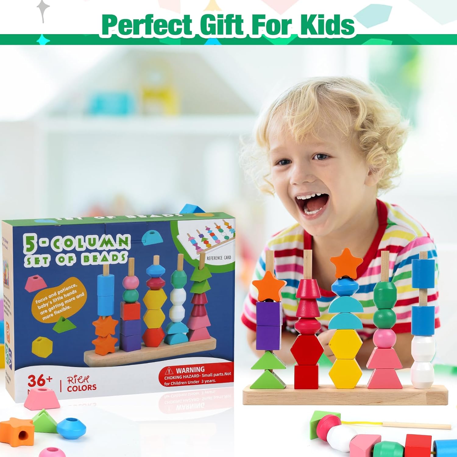 Juguetes Montessori de madera para niños pequeños, juguetes educativos de aprendizaje, bloques apilables y cuentas de cordones y apilador de formas