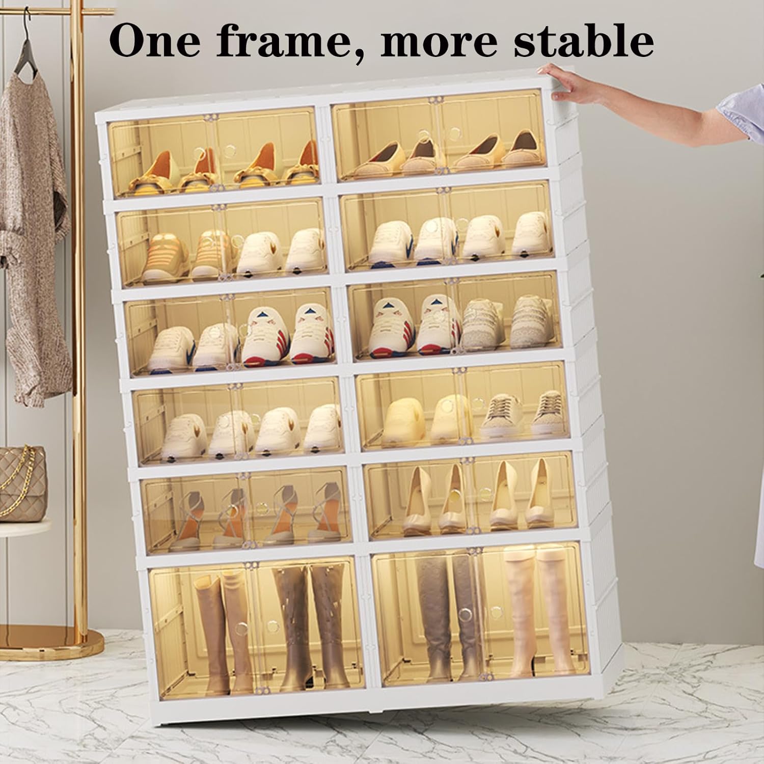 Organizador plegable para zapatos, almacenamiento de zapatos apilable de 6 niveles con puerta transparente magnética, organizador grande de plástico
