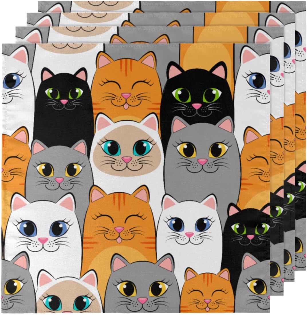Cloth Napkins Set of 6 Cat 20×20 Inch Cloth Napkins Cute Cat Washable Reusable Kitchen Dinner Napkins Table Decor for Wedding, Holiday Party, Home,