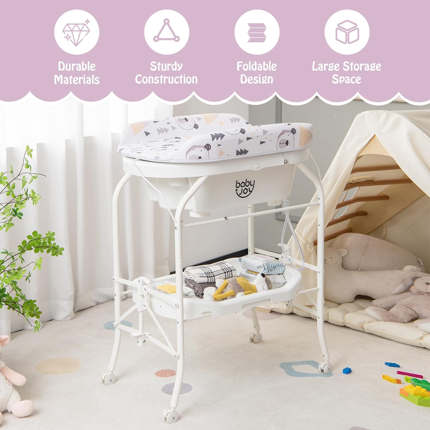 BABY JOY Bañera para bebé con cambiador, estación plegable para cambiar pañales con bandeja de almacenamiento, almohadilla impermeable, organizador