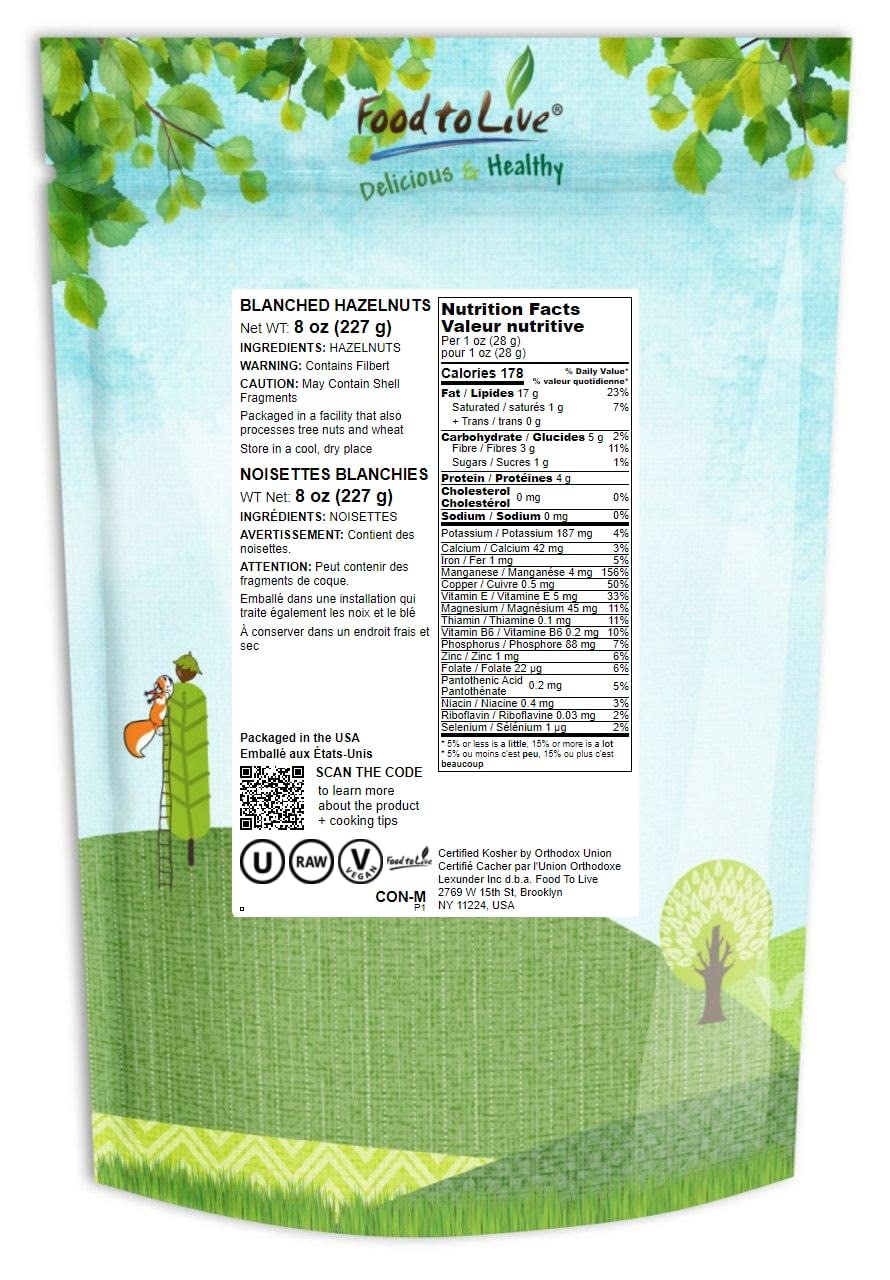 Avellanas blanqueadas, 8 onzas  Filberts enteros crudos, sin piel, sin sal, nueces sin tostar, aperitivo vegano, kosher, a granel. Buena fuente de