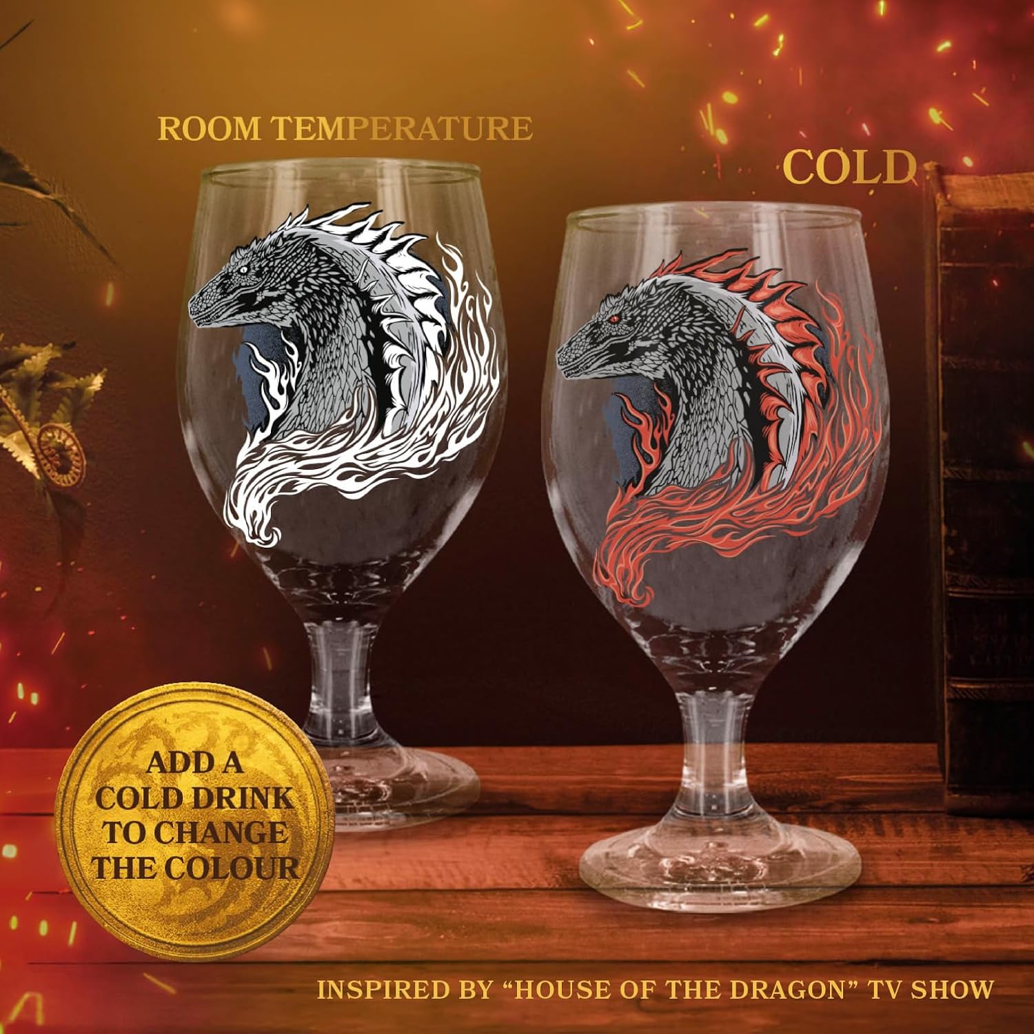 Paladone House Of The Dragon – Copa de cristal que cambia de color (10.2 onzas líquidas), mercancía y regalo de Juego de Tronos, novedad medieval de