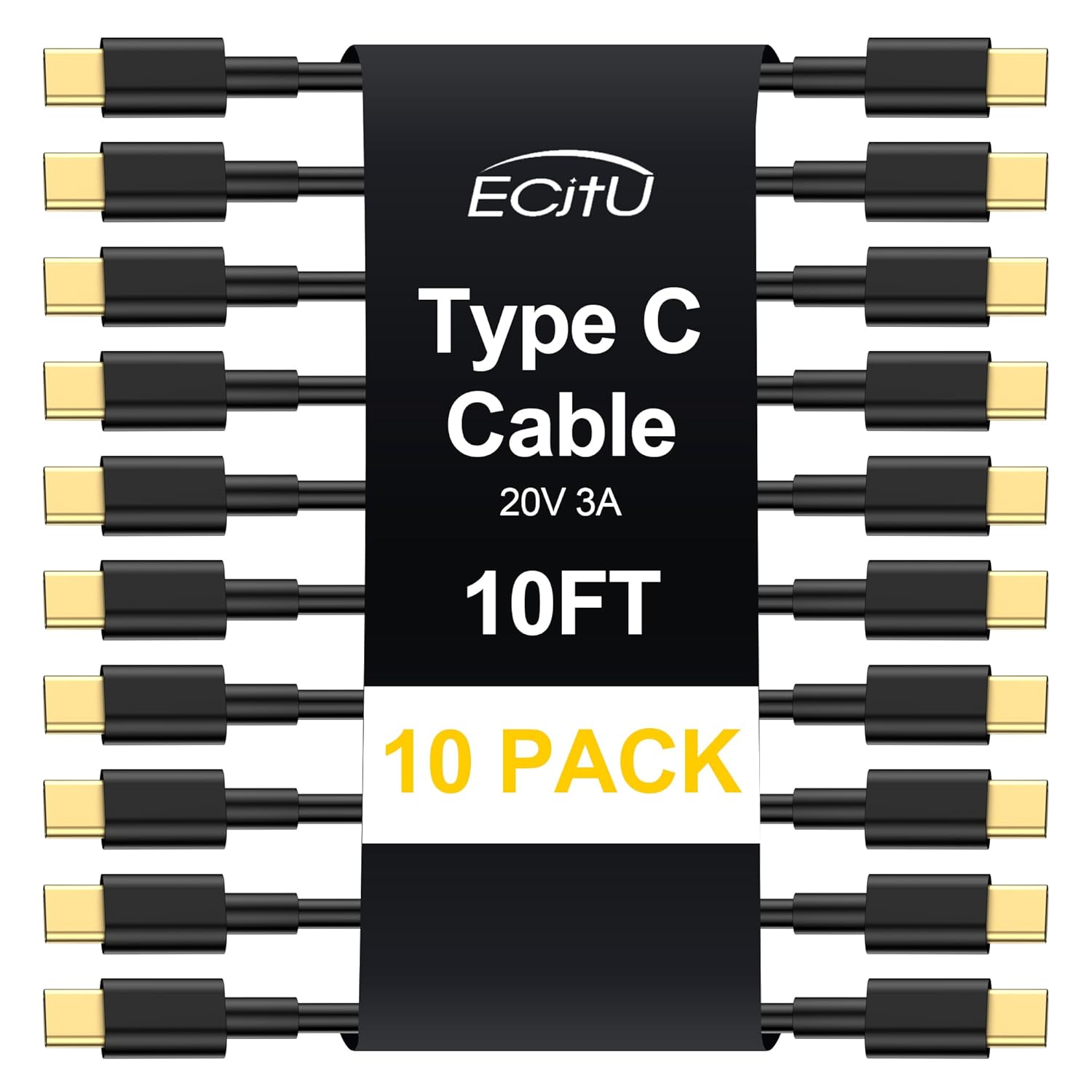 Cable USB C a USB C de 10 pies (paquete de 10), cable de carga rápida tipo C, cargador de 20V3A 60W (máximo) compatible con Samsung S23S22S21S20,